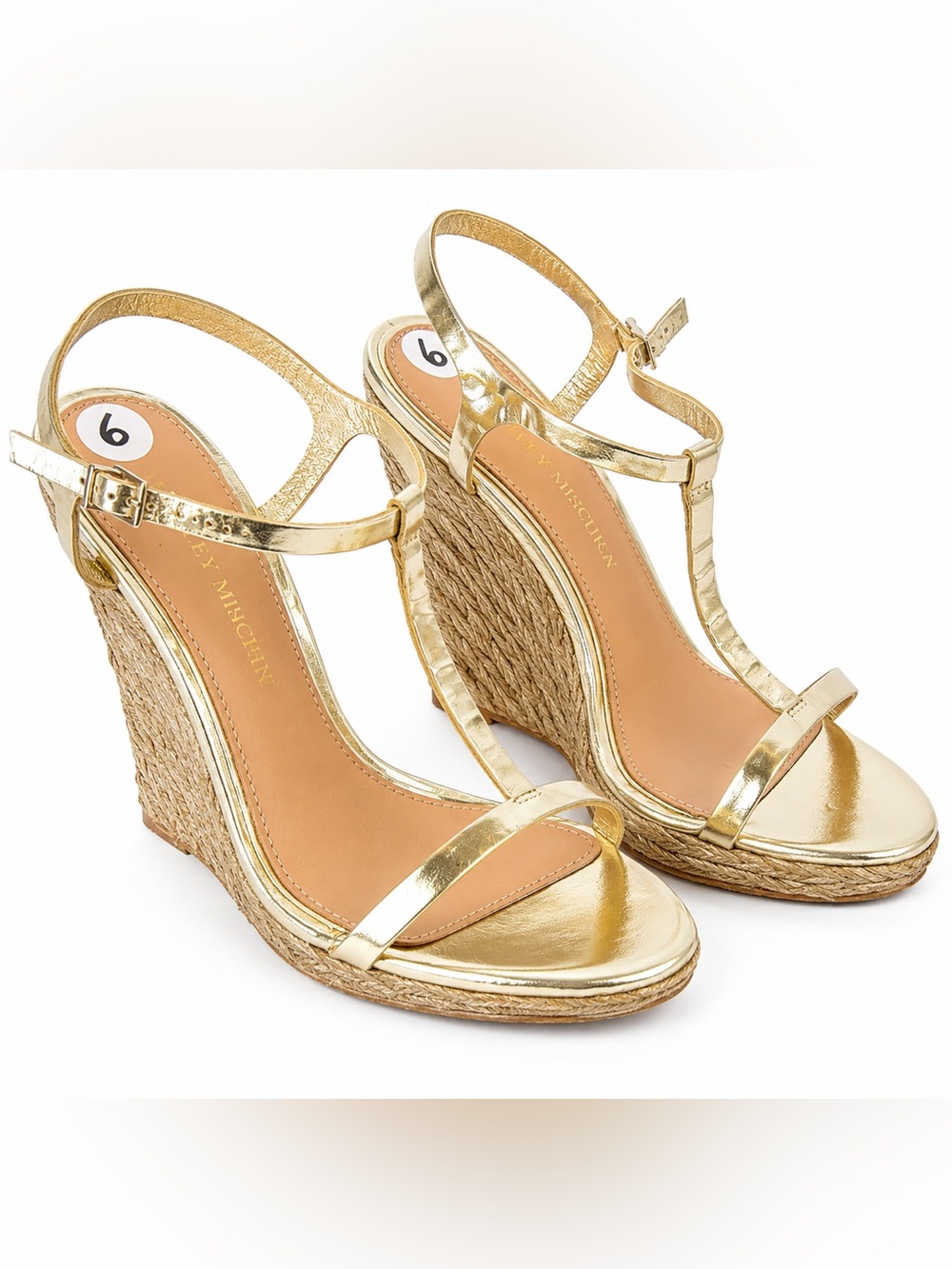 $190 Badgley Mischka Gold Metallic T Strap Braided Wedge Heel Sandals 6